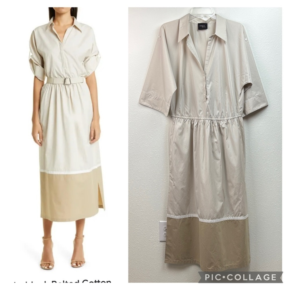 AKRIS Colorblock poplin cotton shirtdress, 3/4 roll sleeve, 100 yr anniversary